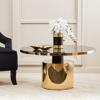 Black Marble Effect Glass Top Coffee Table with Gold Finish Base | Oria
