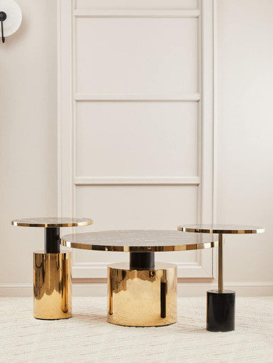 Black Marble Effect Glass Top Coffee Table with Gold Finish Base | Oria