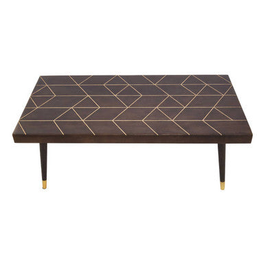Brown Mango Wood Rectangular Coffee Table with Gold Tip Legs and Geometric Gold Lines on Top | Naro