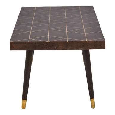 Brown Mango Wood Rectangular Coffee Table with Gold Tip Legs and Geometric Gold Lines on Top | Naro