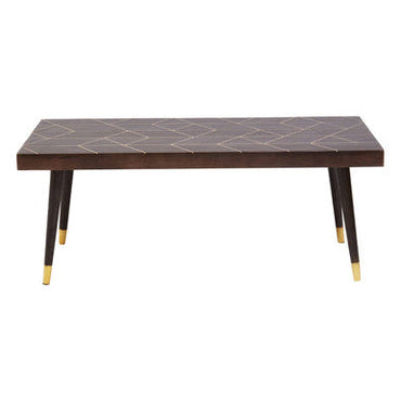 Brown Mango Wood Rectangular Coffee Table with Gold Tip Legs and Geometric Gold Lines on Top | Naro