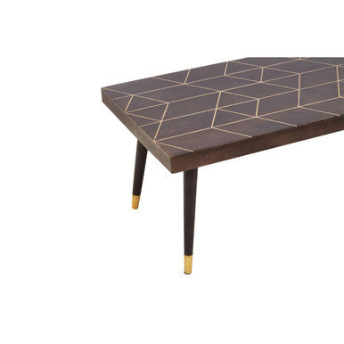 Brown Mango Wood Rectangular Coffee Table with Gold Tip Legs and Geometric Gold Lines on Top | Naro