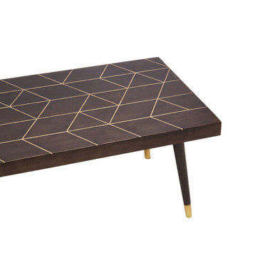 Brown Mango Wood Rectangular Coffee Table with Gold Tip Legs and Geometric Gold Lines on Top | Naro