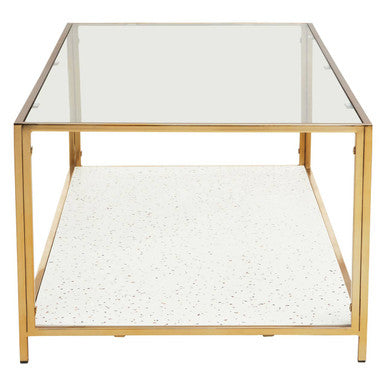 Glass Top Coffee Table with White Terrazzo Effect Shelf and Gold Metal Frame | Novi