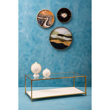 Glass Top Coffee Table with White Terrazzo Effect Shelf and Gold Metal Frame | Novi
