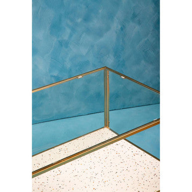 Glass Top Coffee Table with White Terrazzo Effect Shelf and Gold Metal Frame | Novi