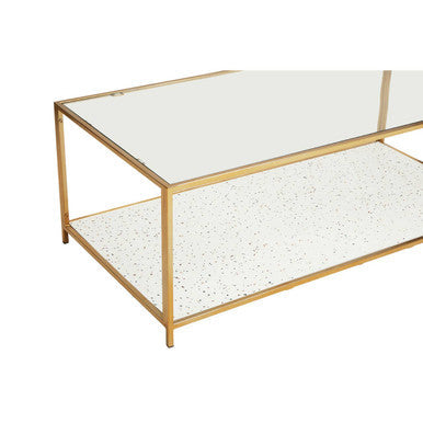 Glass Top Coffee Table with White Terrazzo Effect Shelf and Gold Metal Frame | Novi