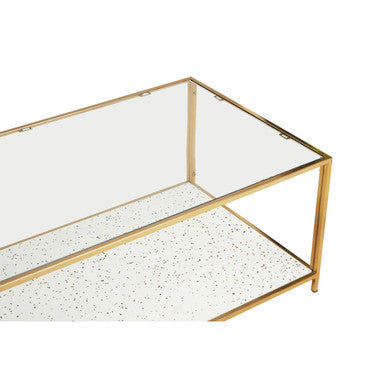 Glass Top Coffee Table with White Terrazzo Effect Shelf and Gold Metal Frame | Novi