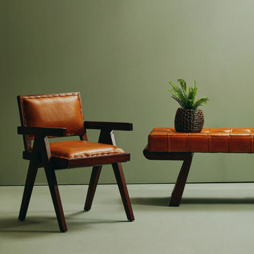 Tan Leather and Teak Frame Dining Chair | Inca
