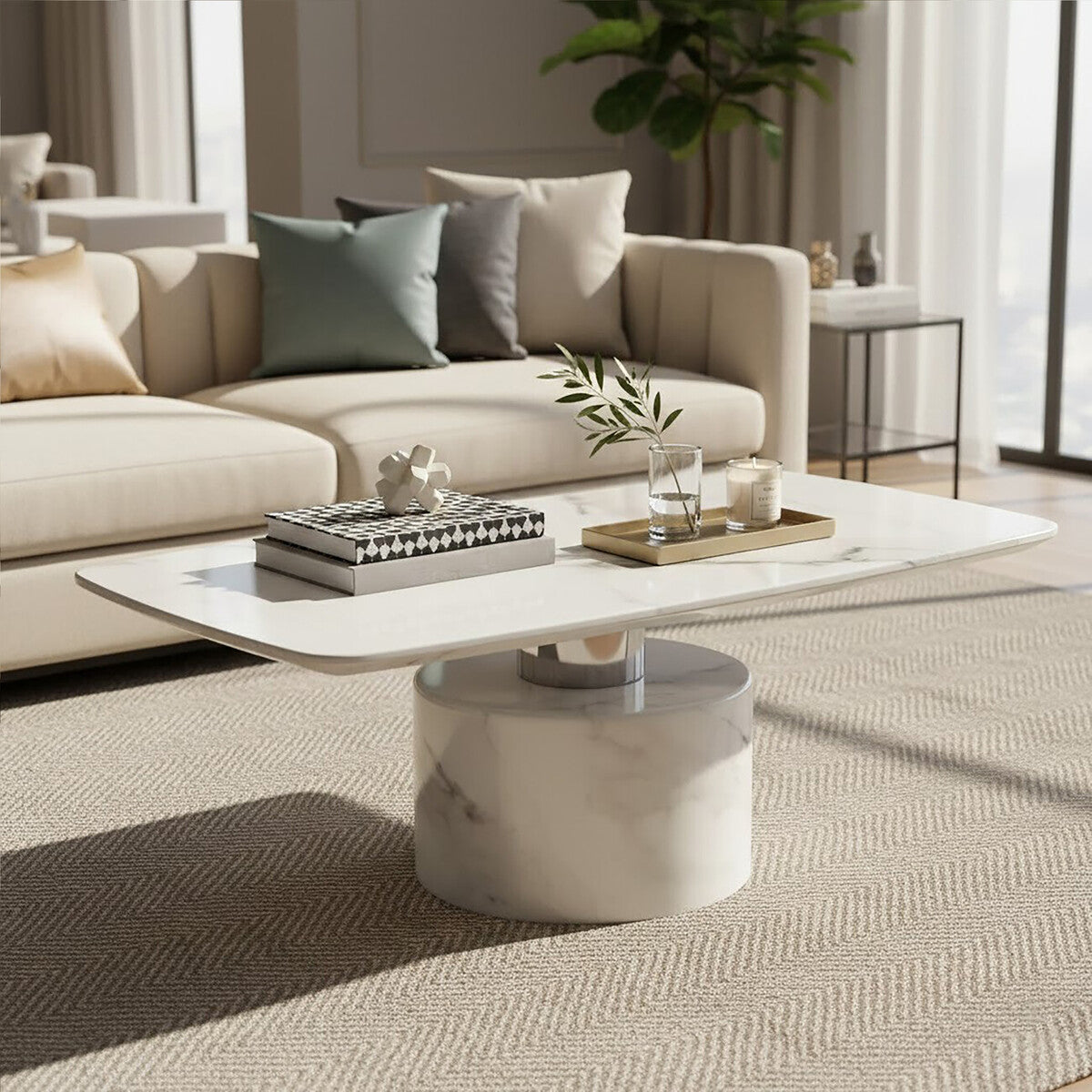 White Marble Coffee Table with Stainless Steel Support | Sesto