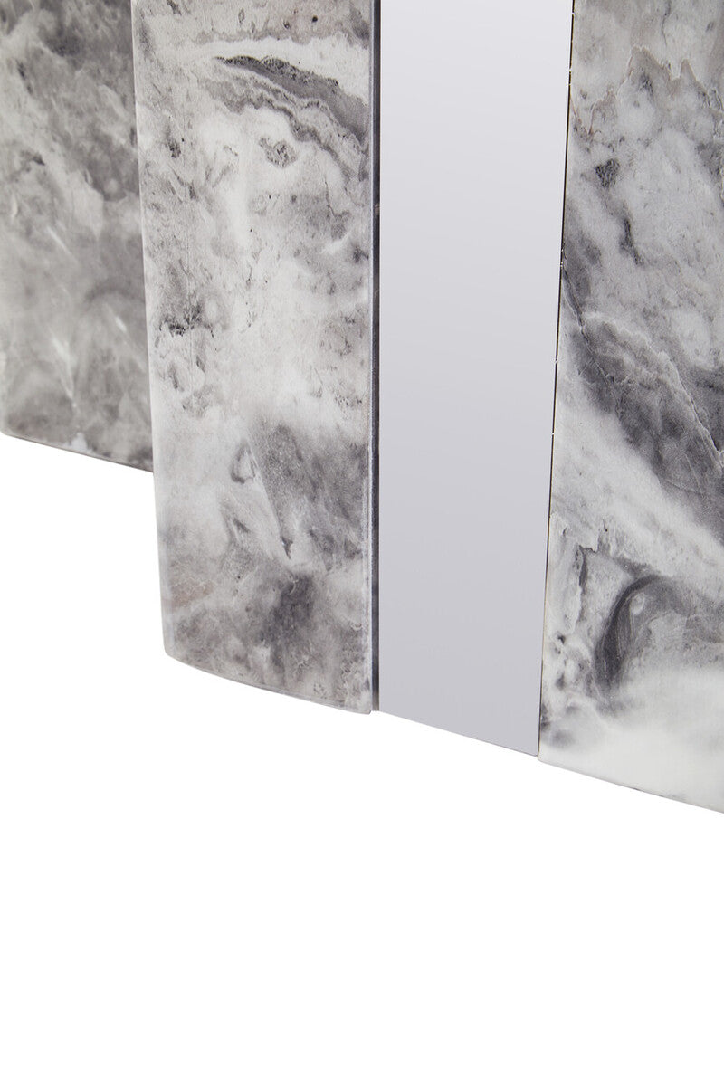 Grey Marble Top Coffee Table with Pedestal Base and Silver Metal Trim | Saronno
