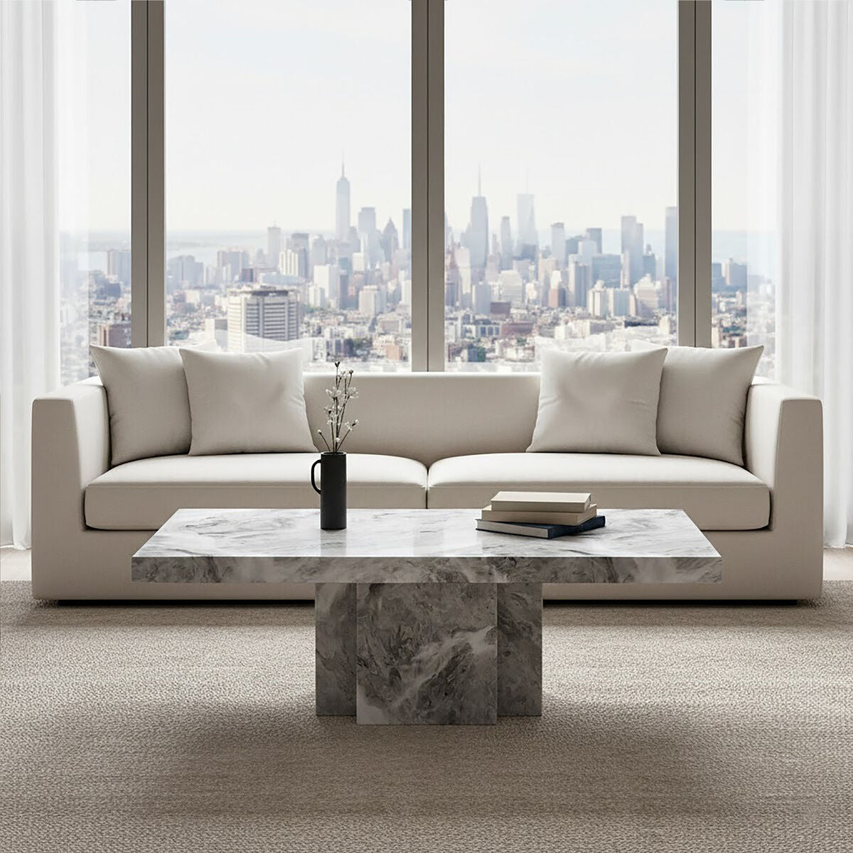 Grey Marble Top Coffee Table with Pedestal Base and Silver Metal Trim | Saronno