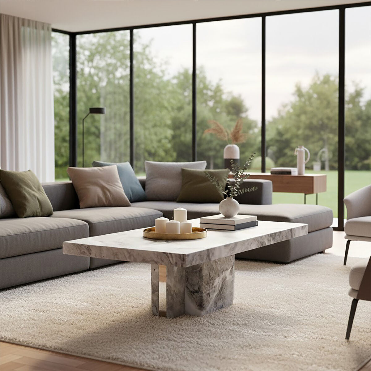 Grey Marble Top Coffee Table with Pedestal Base and Silver Metal Trim | Saronno