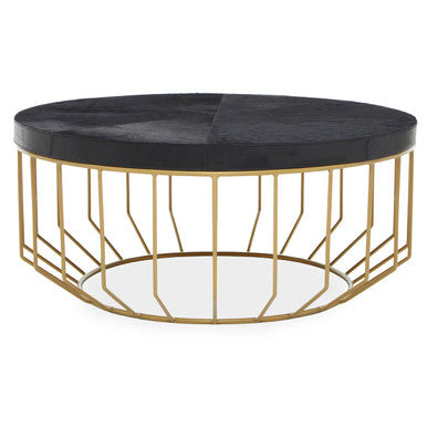 Black Hair-On-Hide Leather Round Top Coffee Table with Geometric Gold Metal Frame | Kensington Townhouse