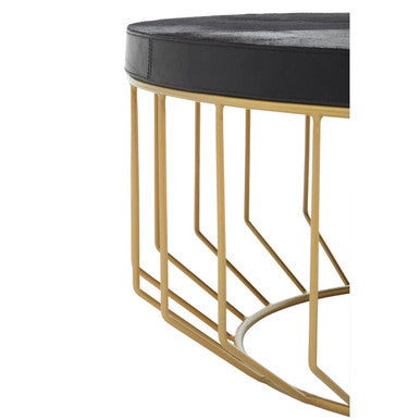 Black Hair-On-Hide Leather Round Top Coffee Table with Geometric Gold Metal Frame | Kensington Townhouse