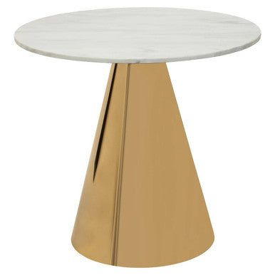 White Marble Top Round Dining Table with Gold Finish Conical Base | Azalea