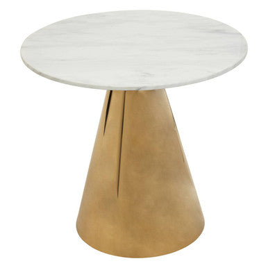 White Marble Top Round Dining Table with Gold Finish Conical Base | Azalea