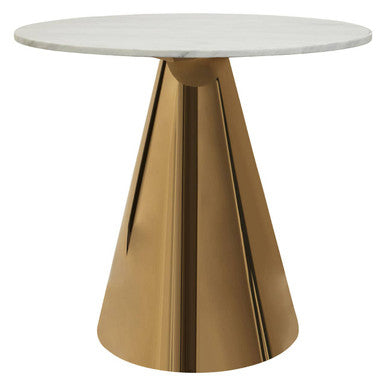 White Marble Top Round Dining Table with Gold Finish Conical Base | Azalea