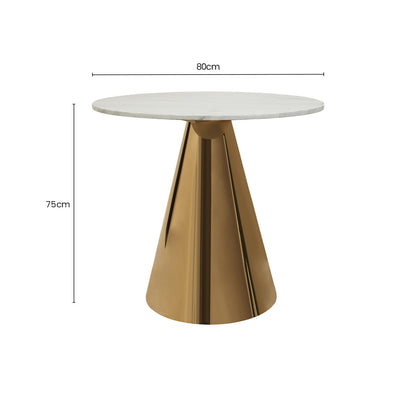 White Marble Top Round Dining Table with Gold Finish Conical Base | Azalea