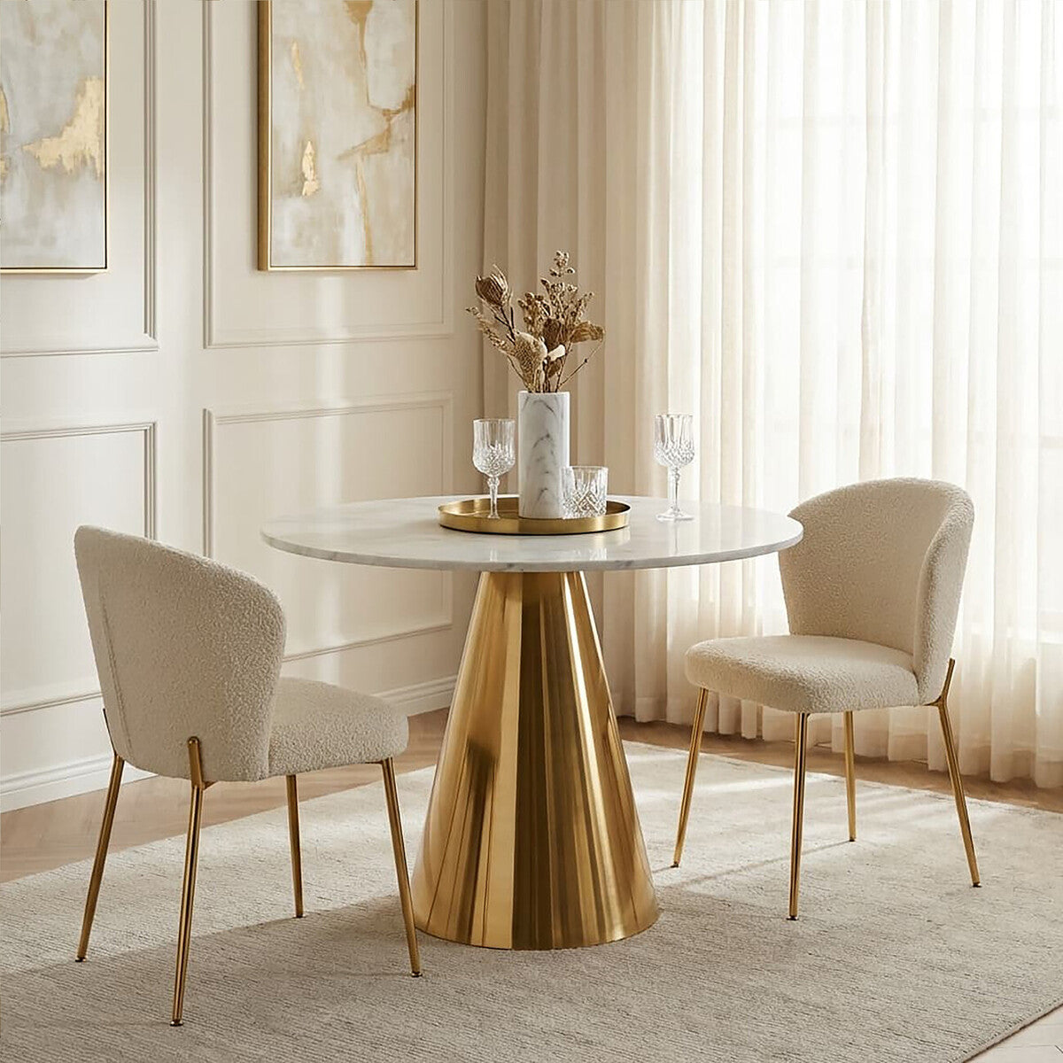 White Marble Top Round Dining Table with Gold Finish Conical Base | Azalea