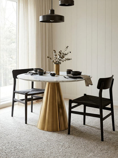 White Marble Top Round Dining Table with Gold Finish Conical Base | Azalea