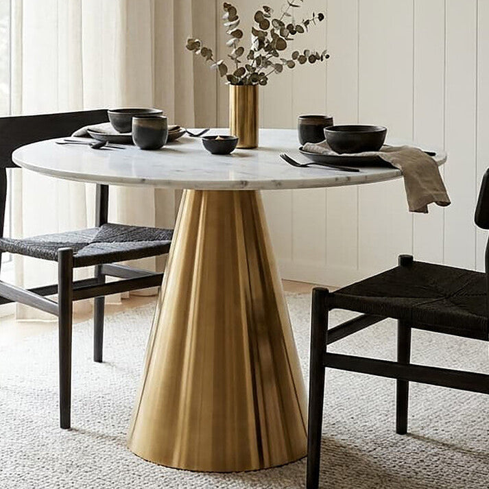 White Marble Top Round Dining Table with Gold Finish Conical Base | Azalea