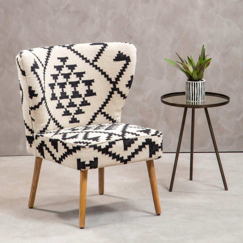 Cefena Black And White Fabric Mango Wood Chair With Wingback Design