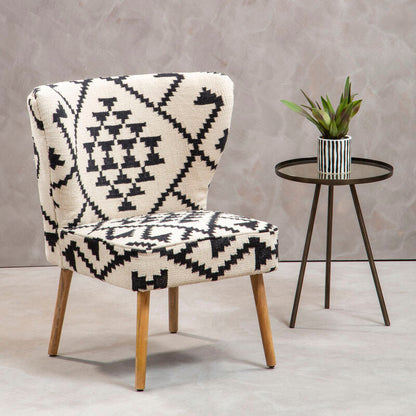 Cefena Black And White Fabric Mango Wood Chair With Wingback Design