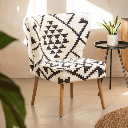 Cefena Black And White Fabric Mango Wood Chair With Wingback Design