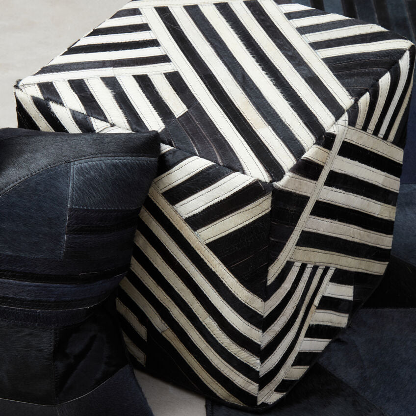 Safira Bosie Black And White Stripe Leather Pouffe