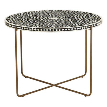 Black Round Coffee Table with White Bone Inlay Top and Gold Metal Cross Base | Fusion