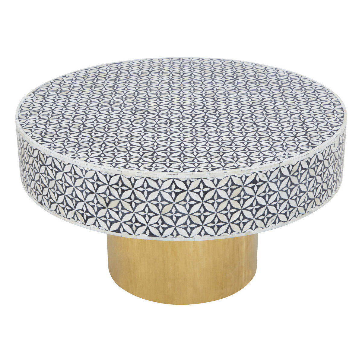 Black and White Round Geometric Bone Inlay Coffee Table with Gold Finish Base | Fusion
