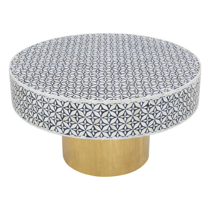 Black and White Round Geometric Bone Inlay Coffee Table with Gold Finish Base | Fusion