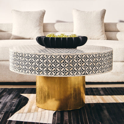 Black and White Round Geometric Bone Inlay Coffee Table with Gold Finish Base | Fusion