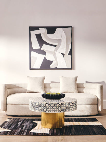 Black and White Round Geometric Bone Inlay Coffee Table with Gold Finish Base | Fusion