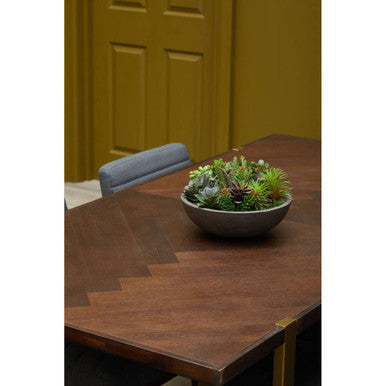 Grey Acacia Veneer Chevron Wood Rectangular Top Dining Table with Antique Brass Frame | Brando