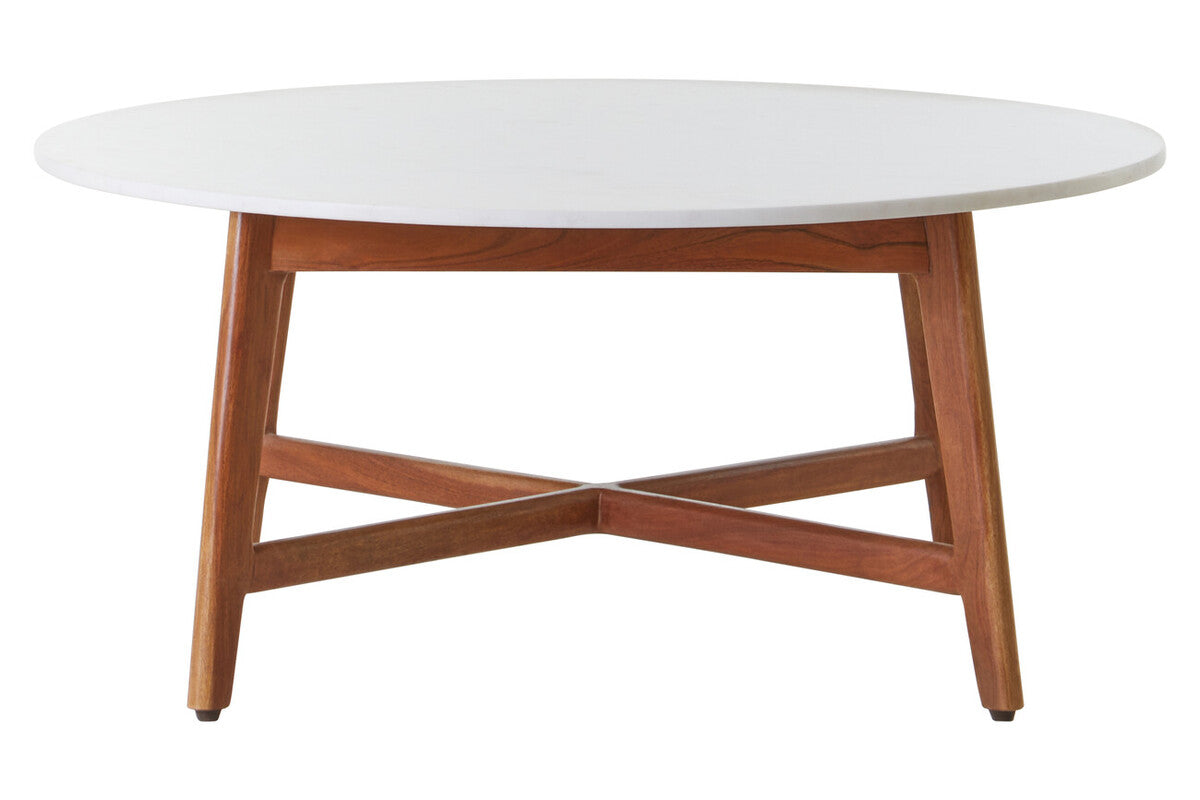 White Marble Round Top Coffee Table with Acacia Wood Legs | Myan