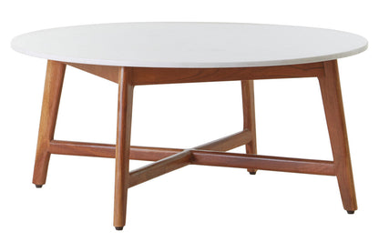White Marble Round Top Coffee Table with Acacia Wood Legs | Myan