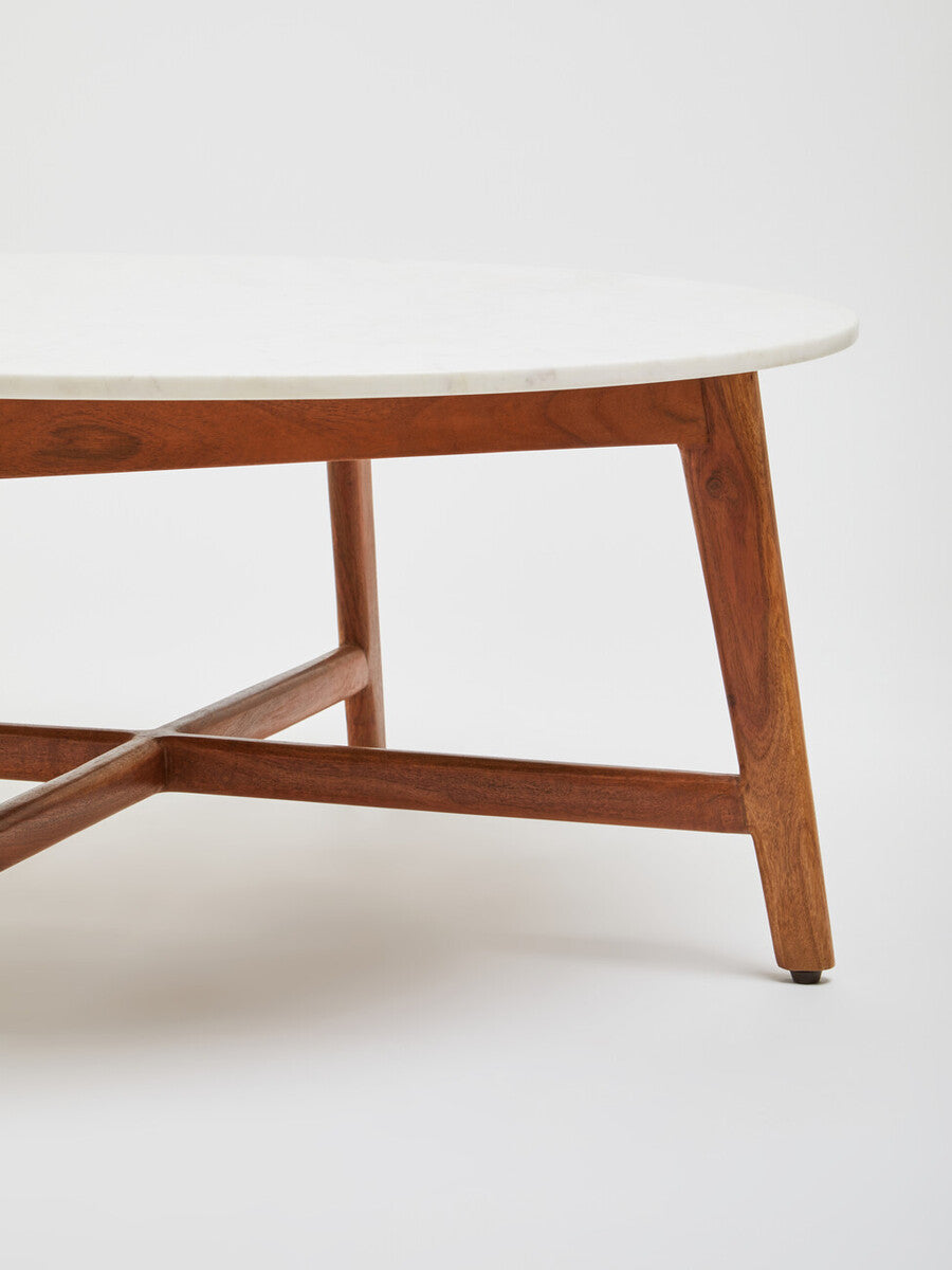 White Marble Round Top Coffee Table with Acacia Wood Legs | Myan