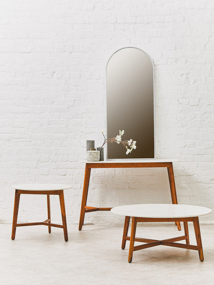 White Marble Round Top Coffee Table with Acacia Wood Legs | Myan