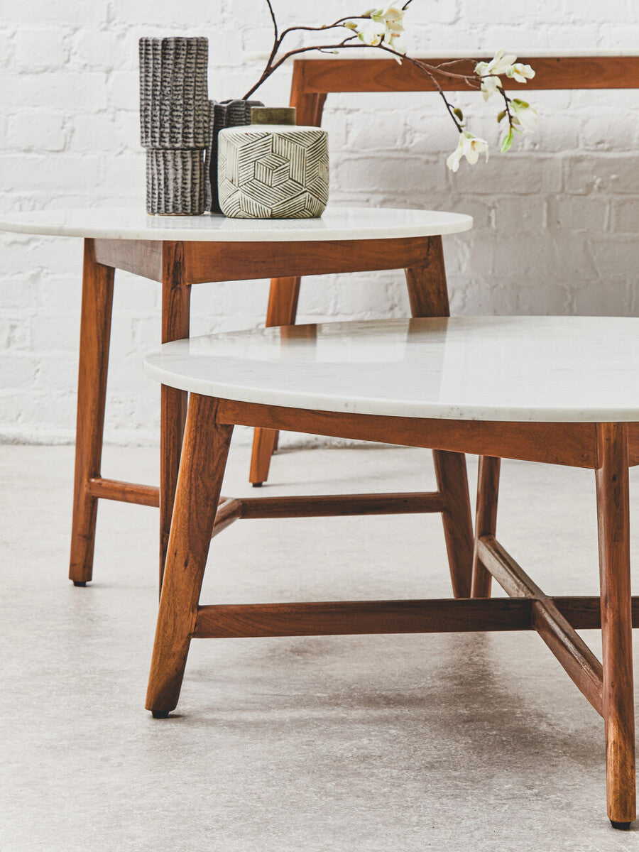 White Marble Round Top Coffee Table with Acacia Wood Legs | Myan