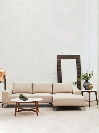 White Marble Round Top Coffee Table with Acacia Wood Legs | Myan