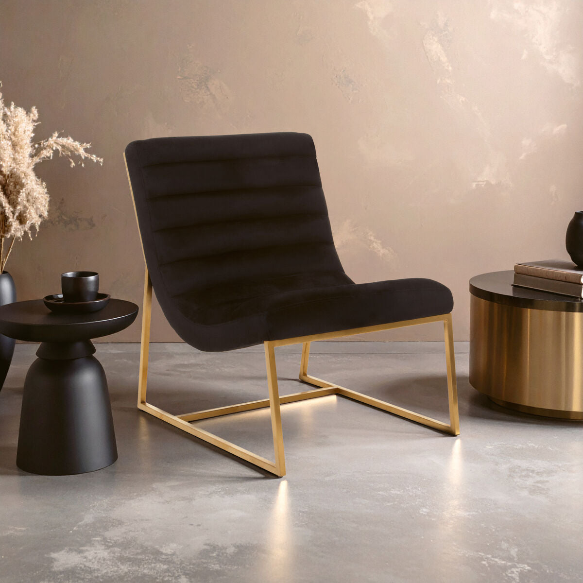 Vogue Black Velvet Lounge Chair with Matte Gold Stainless Steel Frame