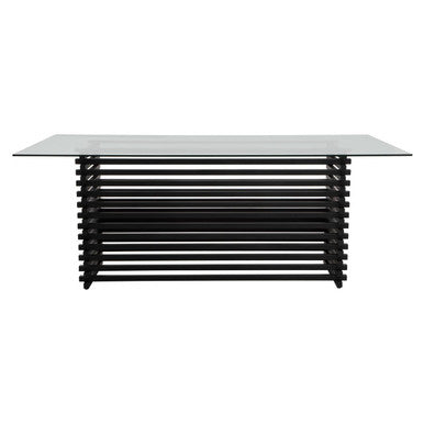 Matte Black Stainless Steel and Clear Glass Rectangular Dining Table with Storage | Vogue