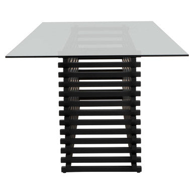 Matte Black Stainless Steel and Clear Glass Rectangular Dining Table with Storage | Vogue