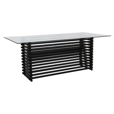 Matte Black Stainless Steel and Clear Glass Rectangular Dining Table with Storage | Vogue