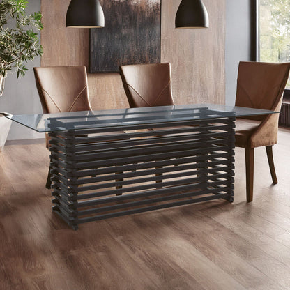 Matte Black Stainless Steel and Clear Glass Rectangular Dining Table with Storage | Vogue