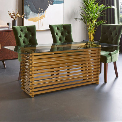 Rectangular Glass Top Dining Table with Matte Gold Stainless Steel Base | Vogue