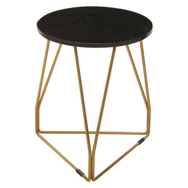 Black Marble Top Side Table with Gold Finish Geometric Sledge Base | Corra
