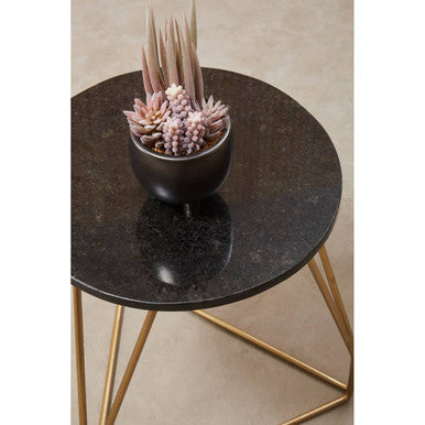Black Marble Top Side Table with Gold Finish Geometric Sledge Base | Corra